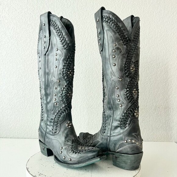 Lane COSSETTE Womens Cowboy Boots 6 Black Leather Western Cowgirl 15" Tall - Picture 1 of 12